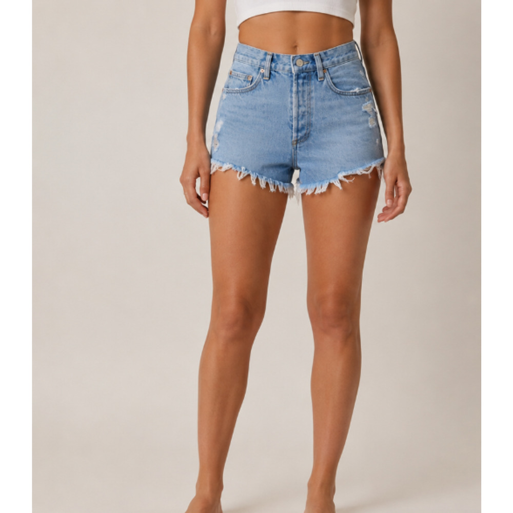 AGOLDE Dee Denim Shorts 27 Chime Blue Light Wash High Rise Distressed Raw Hem - Picture 3 of 13